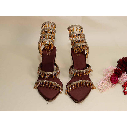 Sana K Luxurious Footwear Gold Jhallar Brown Half Wedges