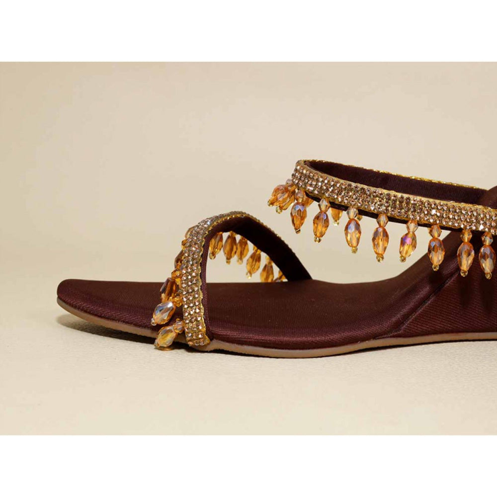 Sana K Luxurious Footwear Gold Jhallar Brown Half Wedges