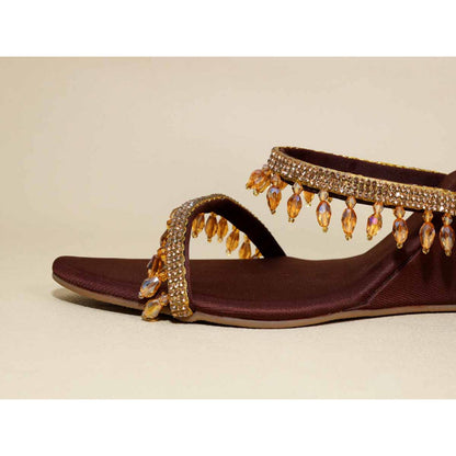 Sana K Luxurious Footwear Gold Jhallar Brown Half Wedges