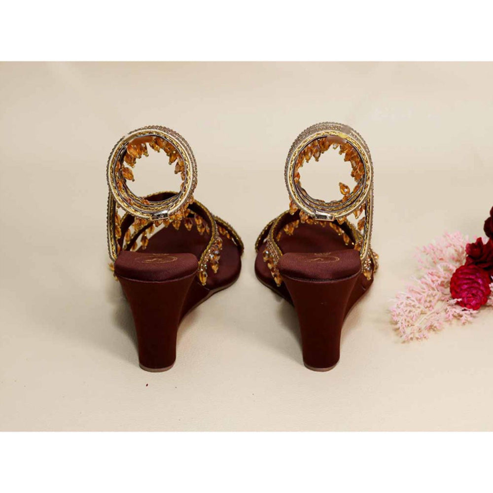 Sana K Luxurious Footwear Gold Jhallar Brown Half Wedges