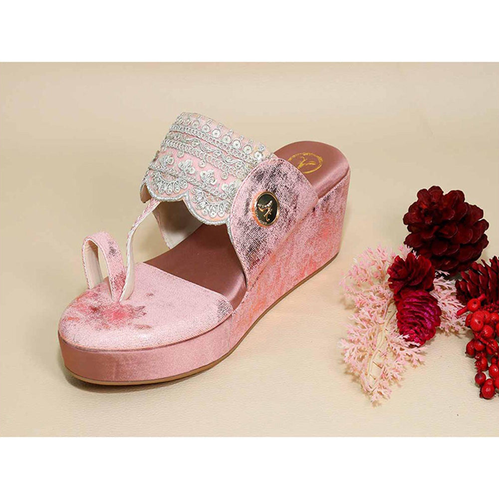 Sana K Luxurious Footwear Pink Kolhapuri Wedges