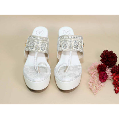 Sana K Luxurious Footwear White Kolhapuri Wedges