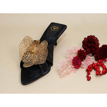 Sana K Luxurious Footwear Gold Flower Black Kitten Heels