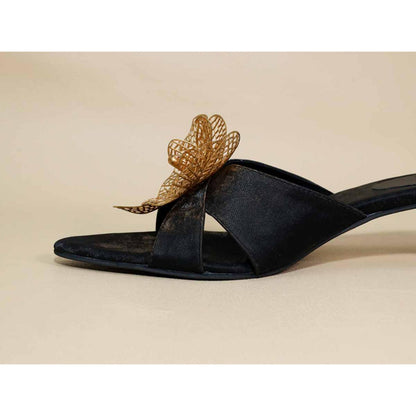 Sana K Luxurious Footwear Gold Flower Black Kitten Heels