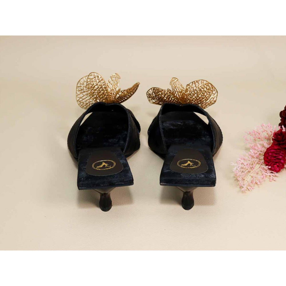 Sana K Luxurious Footwear Gold Flower Black Kitten Heels