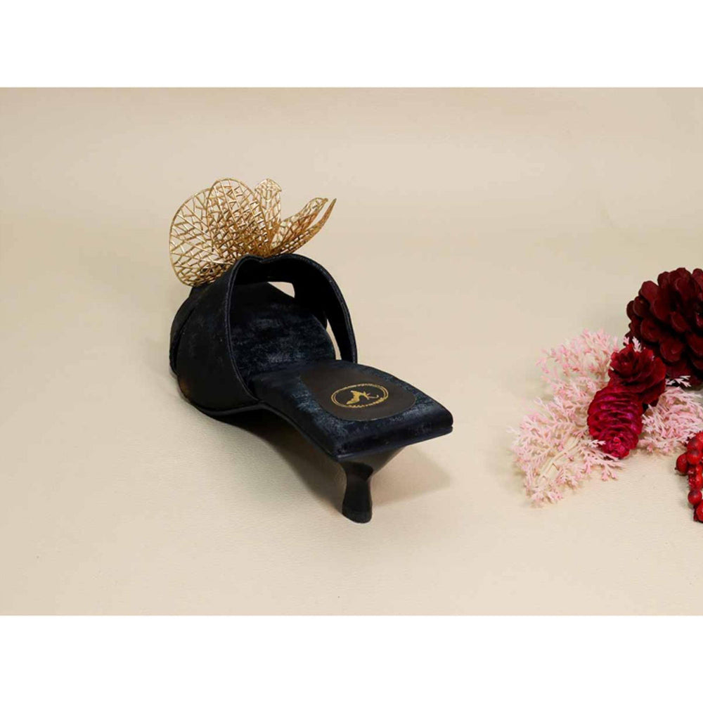 Sana K Luxurious Footwear Gold Flower Black Kitten Heels