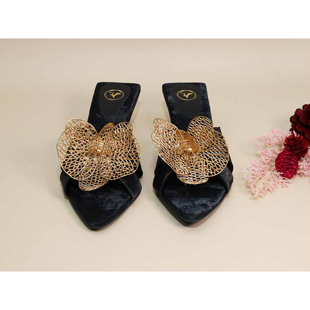Sana K Luxurious Footwear Gold Flower Black Kitten Heels