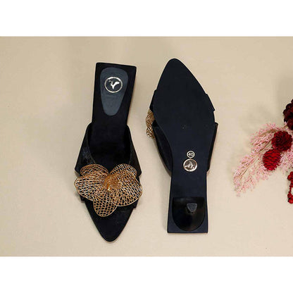 Sana K Luxurious Footwear Gold Flower Black Kitten Heels