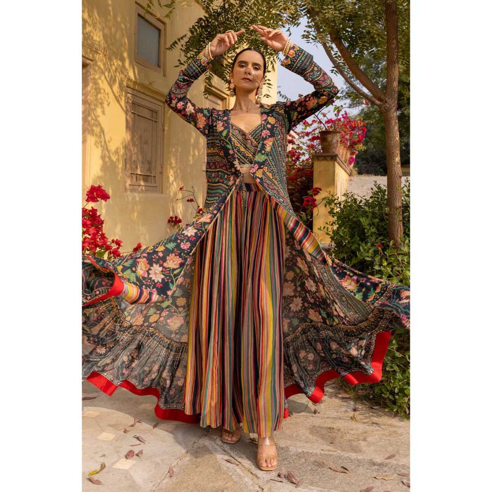 Sandhya Shah Grey Lehar Blouse with Long Jacket and Palazzo (Set of 3)