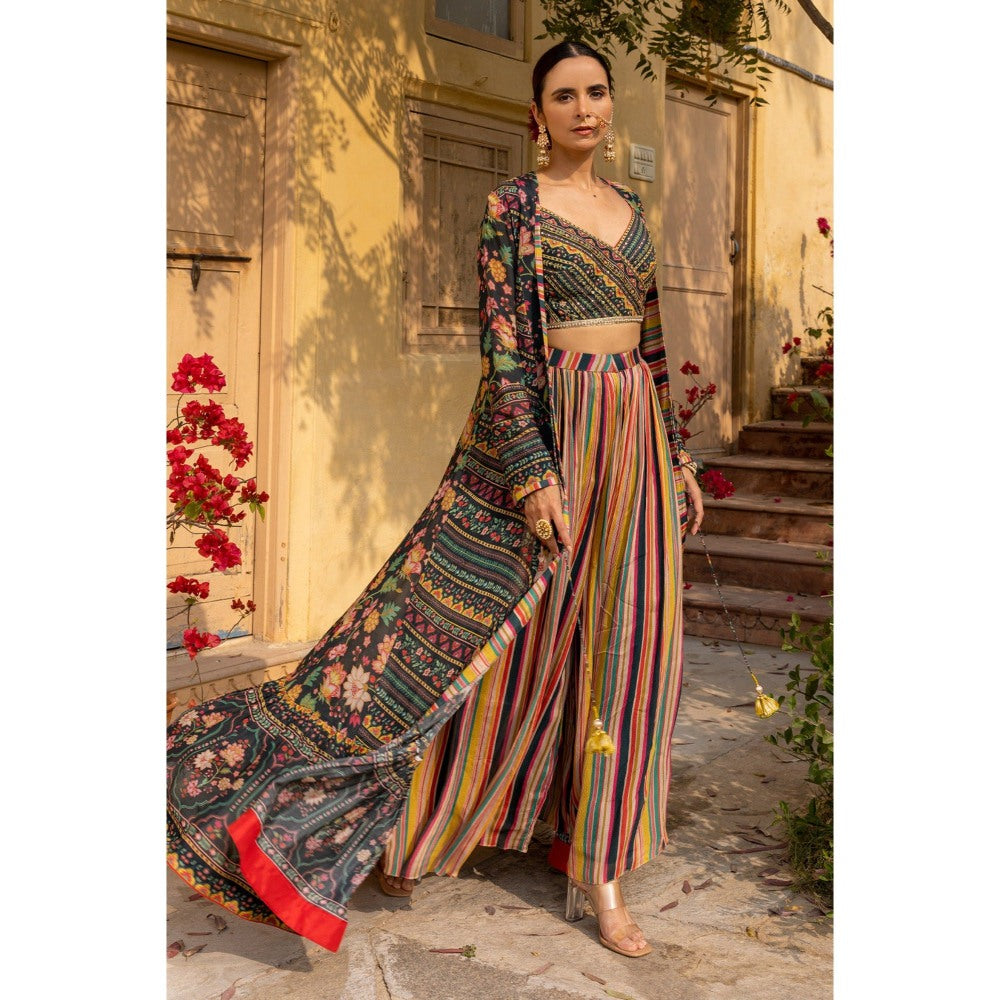 Sandhya Shah Grey Lehar Blouse with Long Jacket and Palazzo (Set of 3)