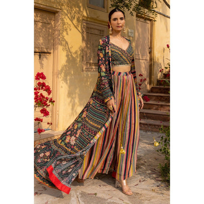 Sandhya Shah Grey Lehar Blouse with Long Jacket and Palazzo (Set of 3)