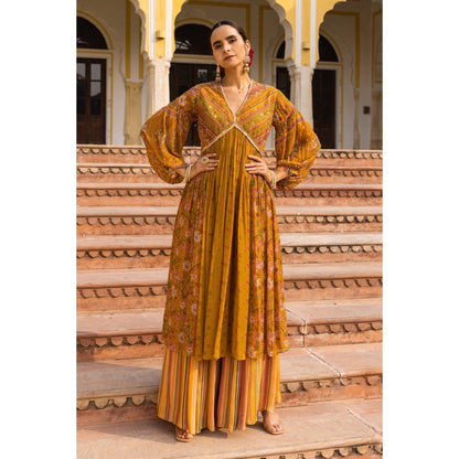 Sandhya Shah Mustard Ghoomar Gathered Kurta with Palazzo (Set of 2)