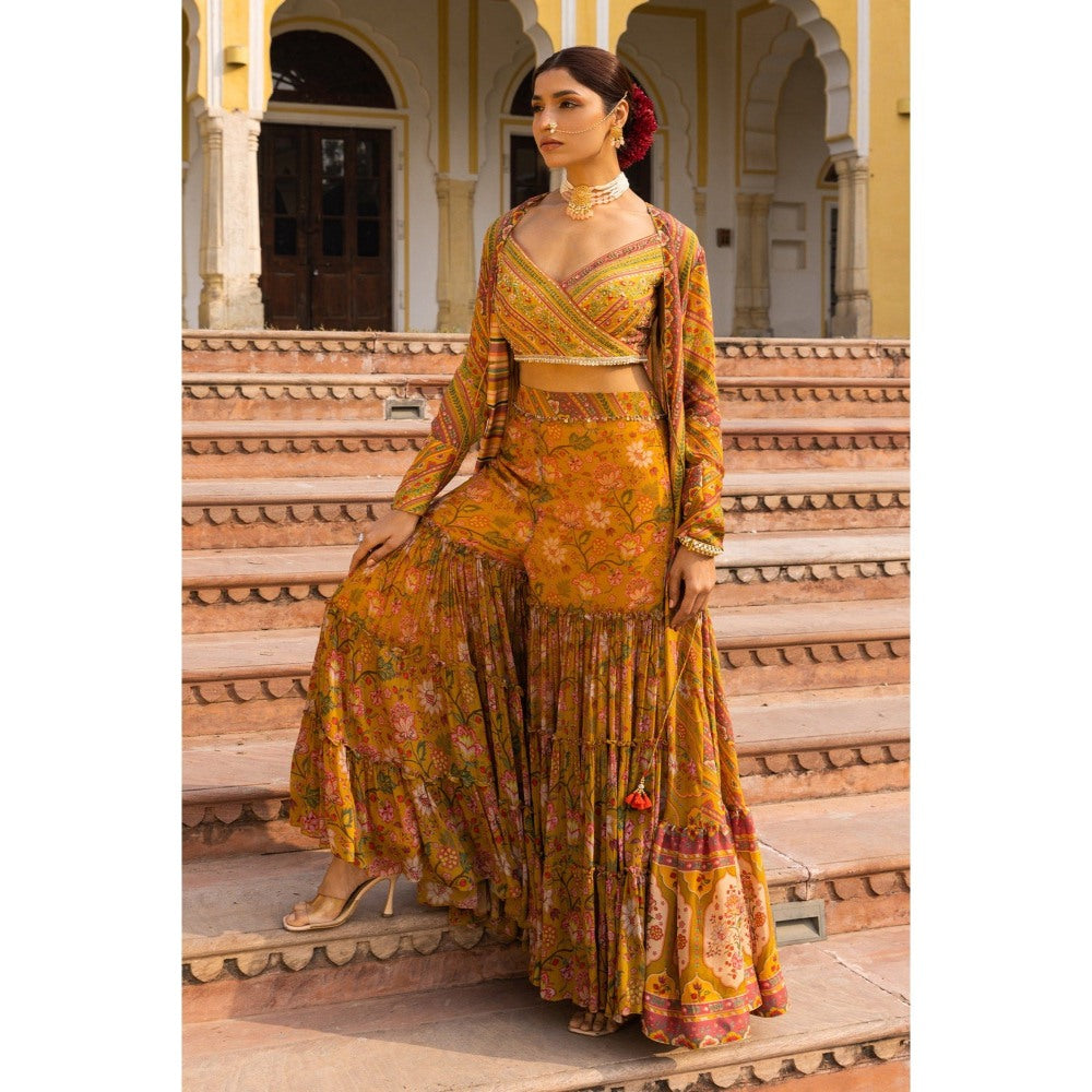 Sandhya Shah Mustard Meher Hand Embroidered Blouse with Jacket and Sharara (Set of 3)