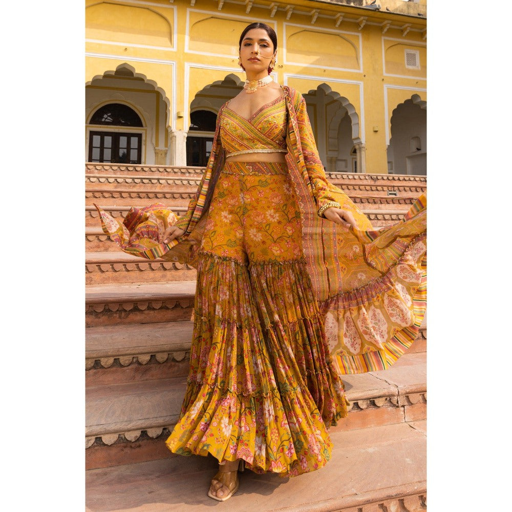 Sandhya Shah Mustard Meher Hand Embroidered Blouse with Jacket and Sharara (Set of 3)