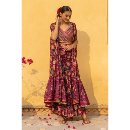 Sandhya Shah Purple Seher Blouse with Cape and Sharara (Set of 3)