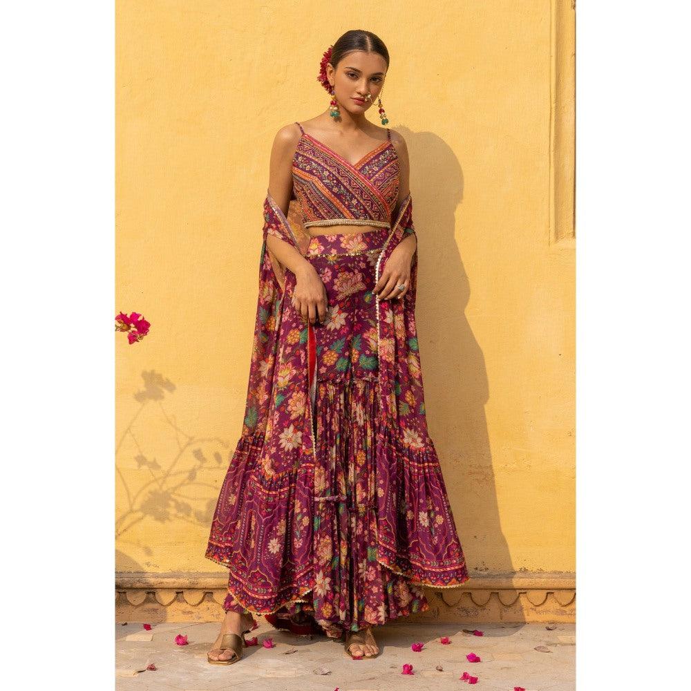 Sandhya Shah Purple Seher Blouse with Cape and Sharara (Set of 3)