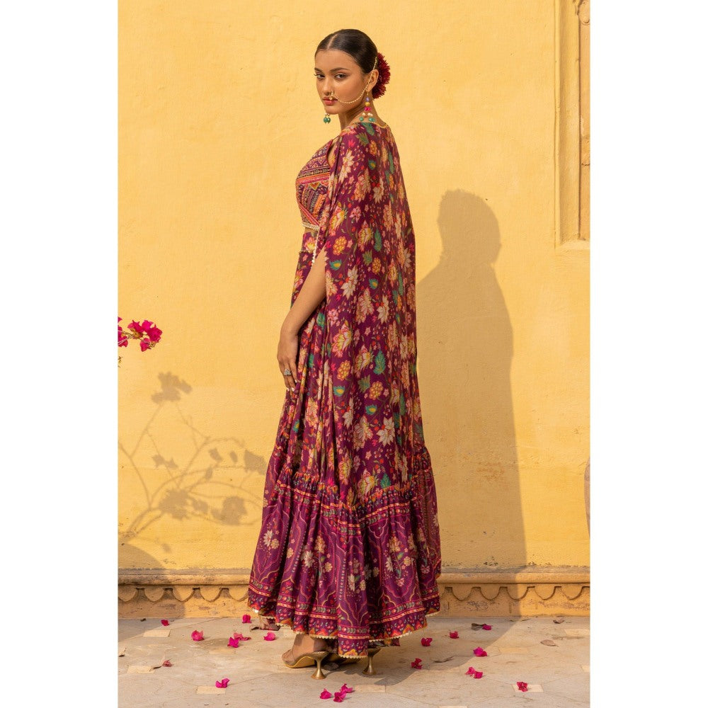 Sandhya Shah Purple Seher Blouse with Cape and Sharara (Set of 3)