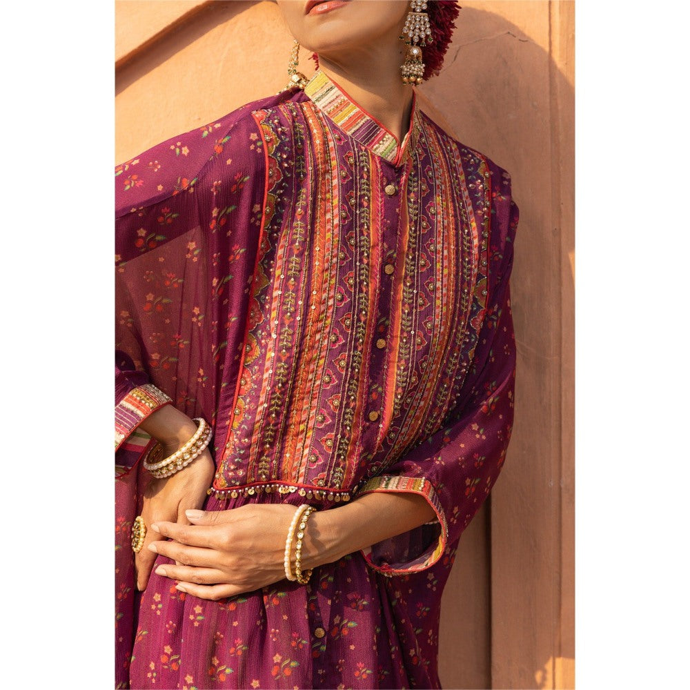 Sandhya Shah Wine Zoya Kaftan with Palazzo (Set of 2)