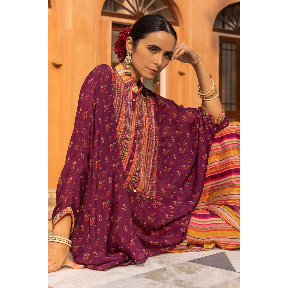 Sandhya Shah Wine Zoya Kaftan with Palazzo (Set of 2)
