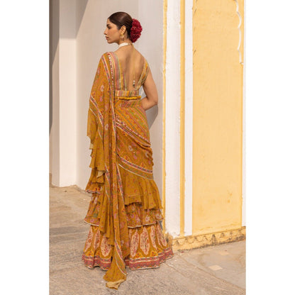 Sandhya Shah Mustard Damini Ruffle Pre-Draped Saree with Stitched Blouse