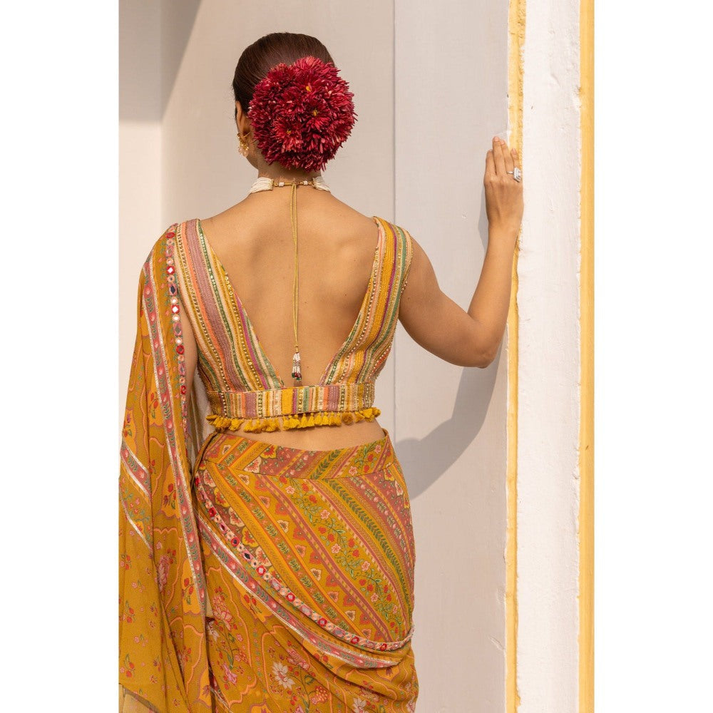 Sandhya Shah Mustard Damini Ruffle Pre-Draped Saree with Stitched Blouse