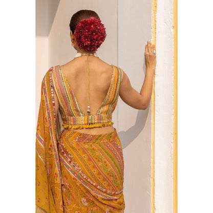 Sandhya Shah Mustard Damini Ruffle Pre-Draped Saree with Stitched Blouse