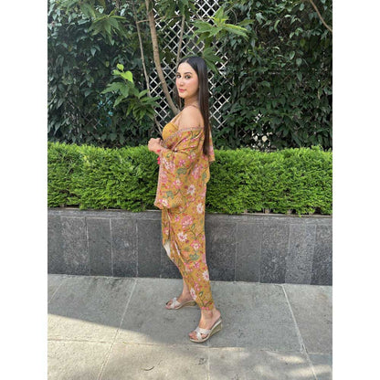 Sandhya Shah Mustard Anila Blouse with Skirt and Cape (Set of 3)