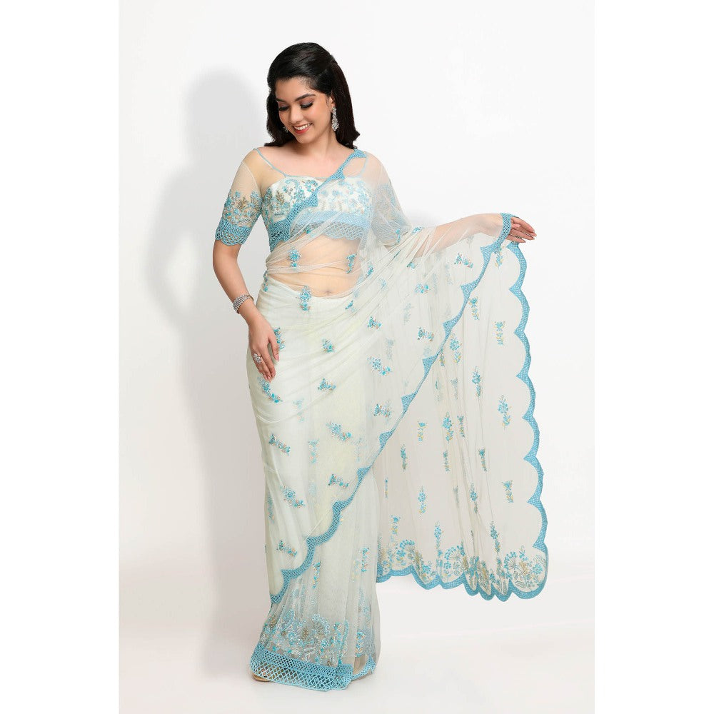 Sanjana Thakur Blue Embroidered Saree and Underskirt with Stitched Blouse