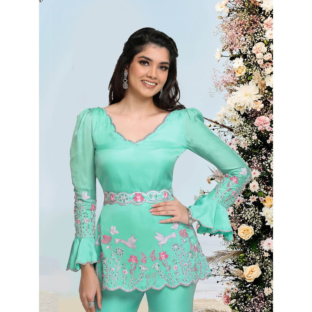 Sanjana Thakur Green Sharara with Tunic and Belt (Set of 3)