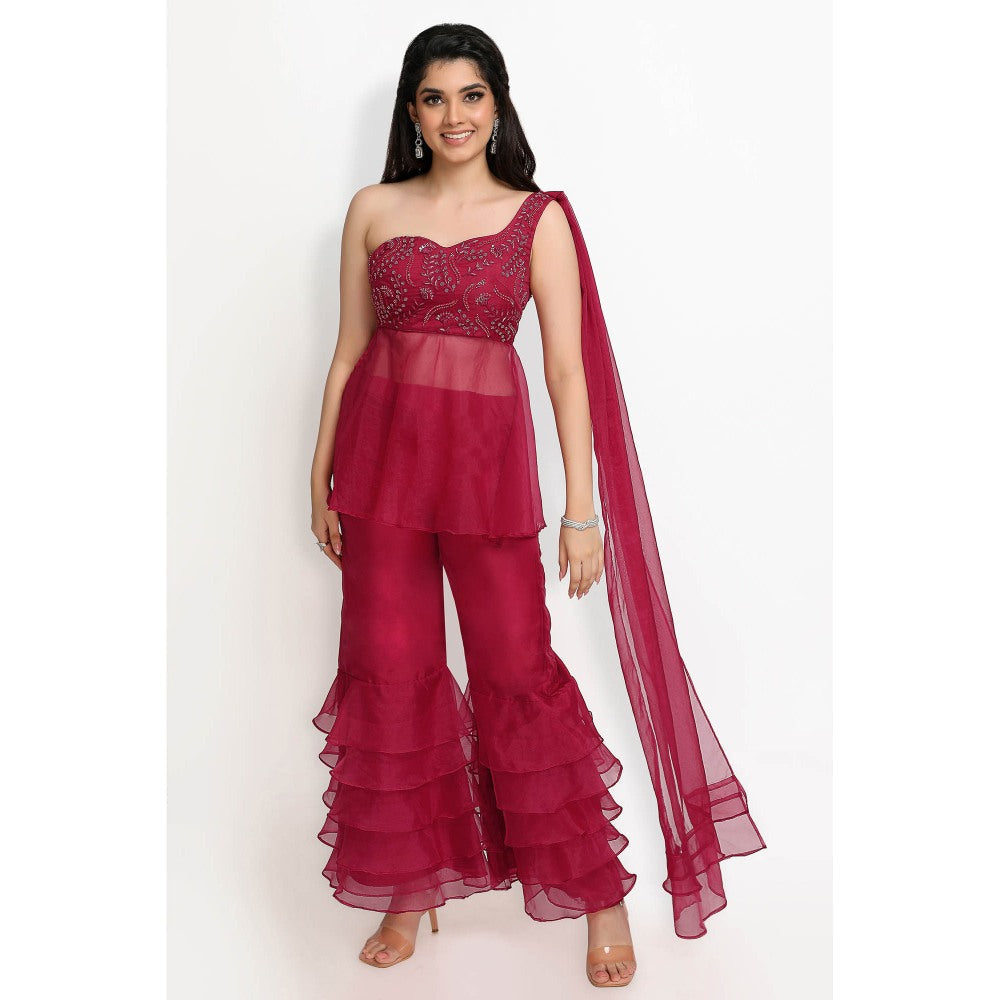 Sanjana Thakur Wine Attached Draped Tunic with Sharara (Set of 2)