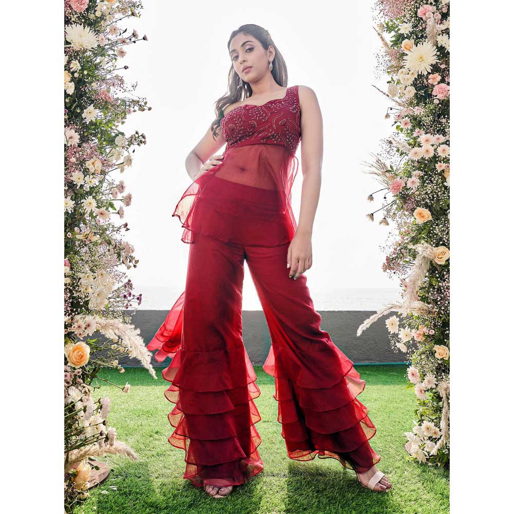 Sanjana Thakur Wine Attached Draped Tunic with Sharara (Set of 2)