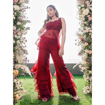 Sanjana Thakur Wine Attached Draped Tunic with Sharara (Set of 2)