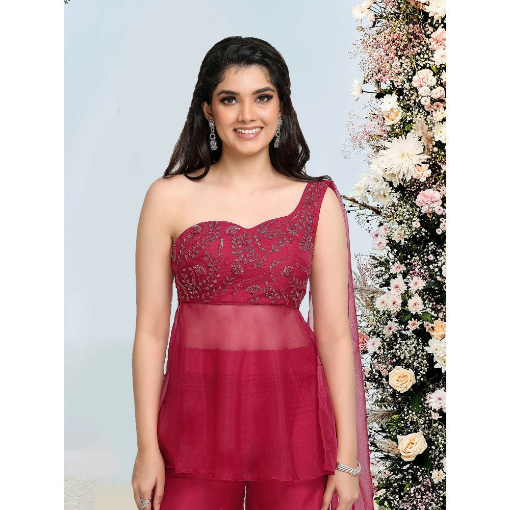 Sanjana Thakur Wine Attached Draped Tunic with Sharara (Set of 2)