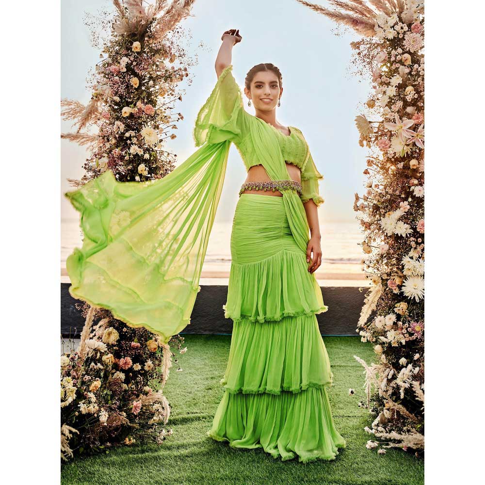 Sanjana Thakur Green Embroidered Pre Draped Saree and Belt with Stitched Blouse