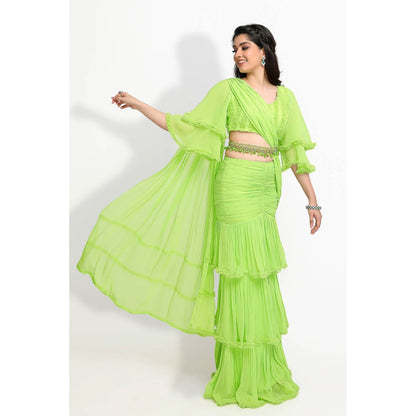 Sanjana Thakur Green Embroidered Pre Draped Saree and Belt with Stitched Blouse