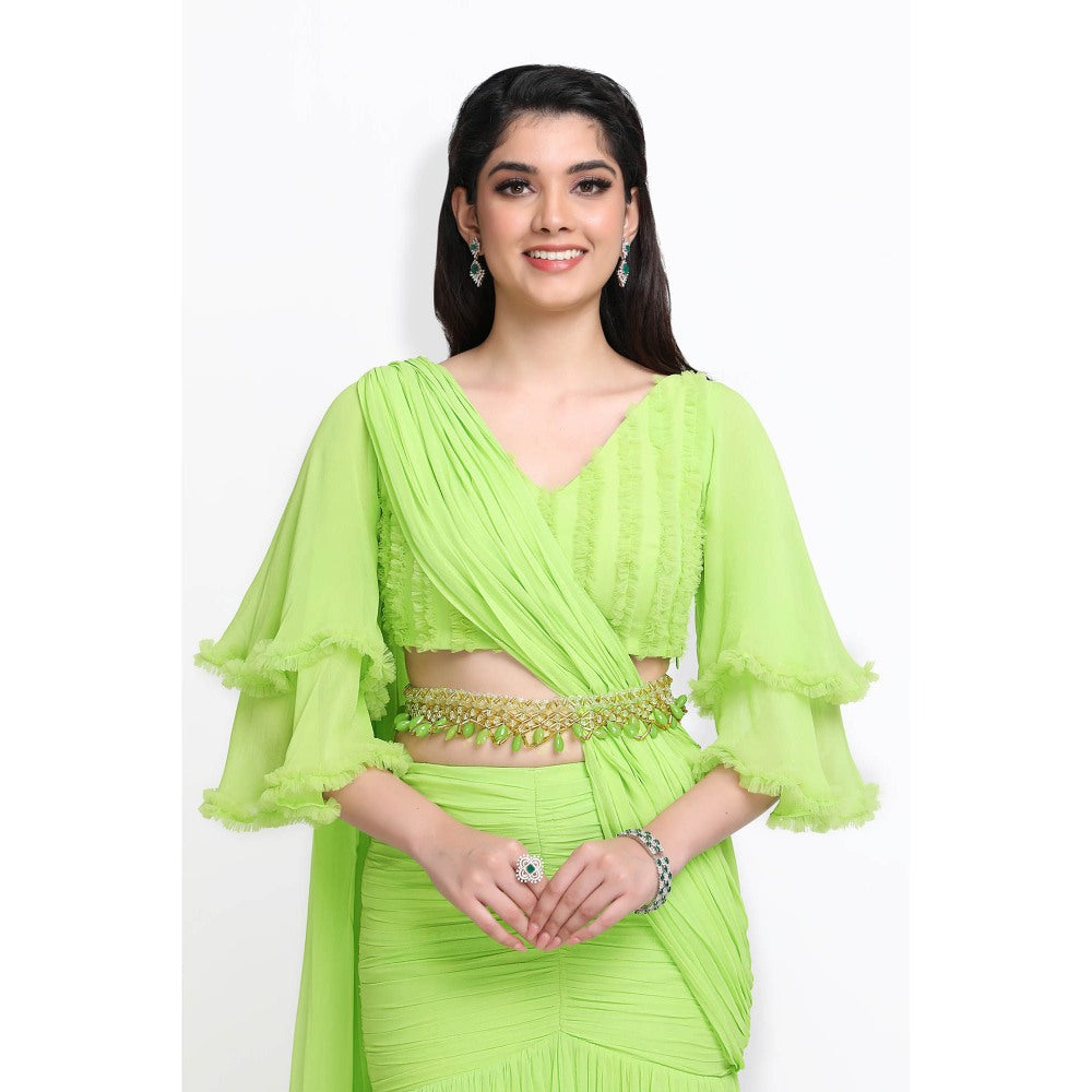 Sanjana Thakur Green Embroidered Pre Draped Saree and Belt with Stitched Blouse