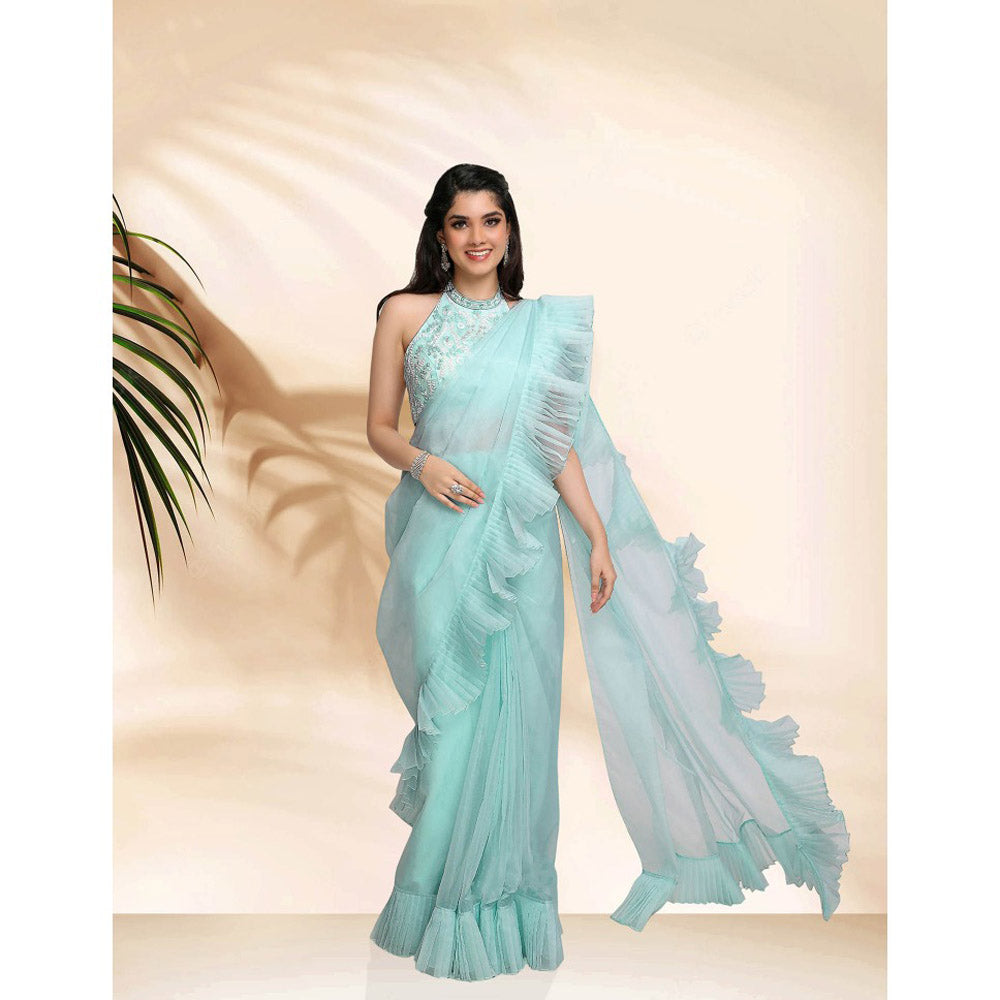 Sanjana Thakur Blue Embroidered Pre Draped Saree with Stitched Blouse