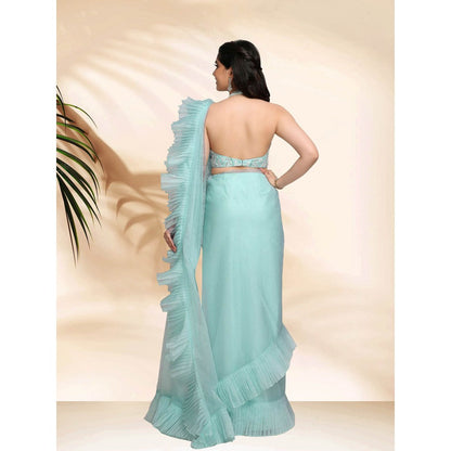 Sanjana Thakur Blue Embroidered Pre Draped Saree with Stitched Blouse
