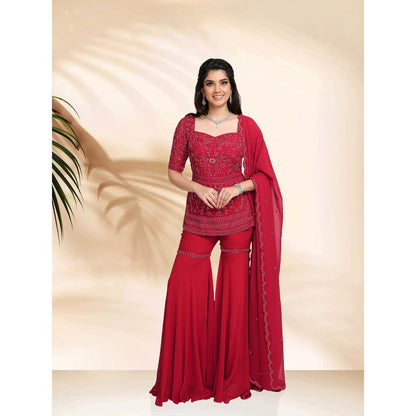 Sanjana Thakur Red Sharara with Short Kurta with Dupatta (Set of 3)