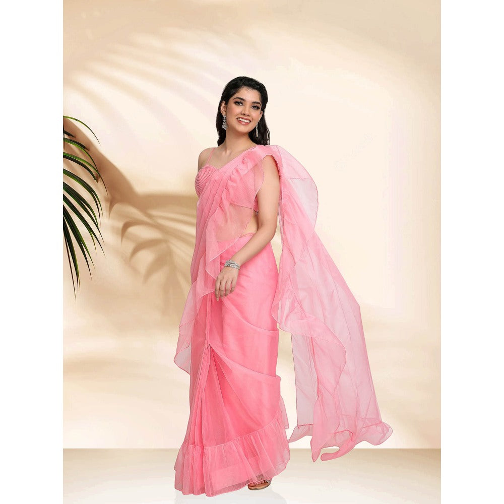 Sanjana Thakur Pink Embroidered Pre Draped Saree with Stitched Blouse
