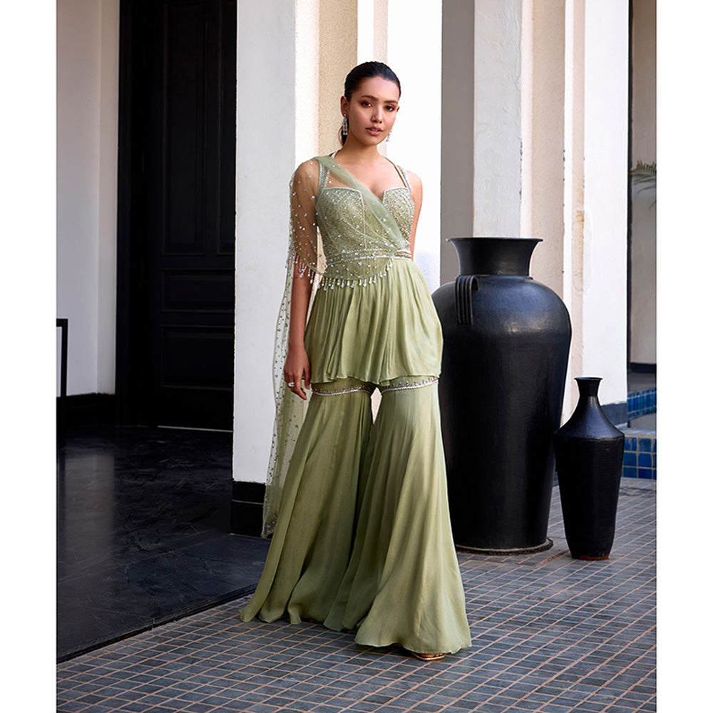 SANYA GULATI Sage Green Peplum Top & Sharara with Drape (Set of 2)