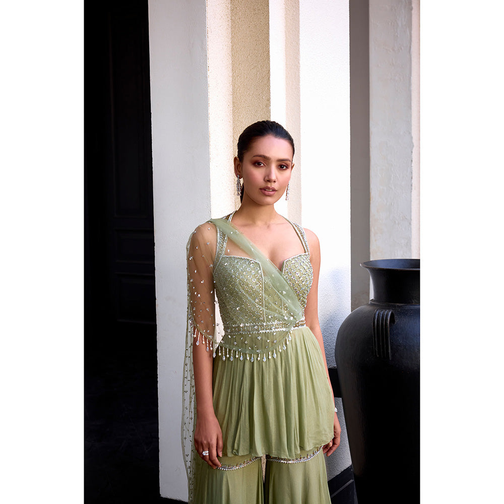 SANYA GULATI Sage Green Peplum Top & Sharara with Drape (Set of 2)