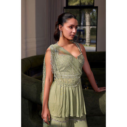 SANYA GULATI Sage Green Peplum Top & Sharara with Drape (Set of 2)