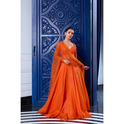 SANYA GULATI Orange Tonal Stitched Blouse & Organza Lehenga with Dupatta (Set of 3)
