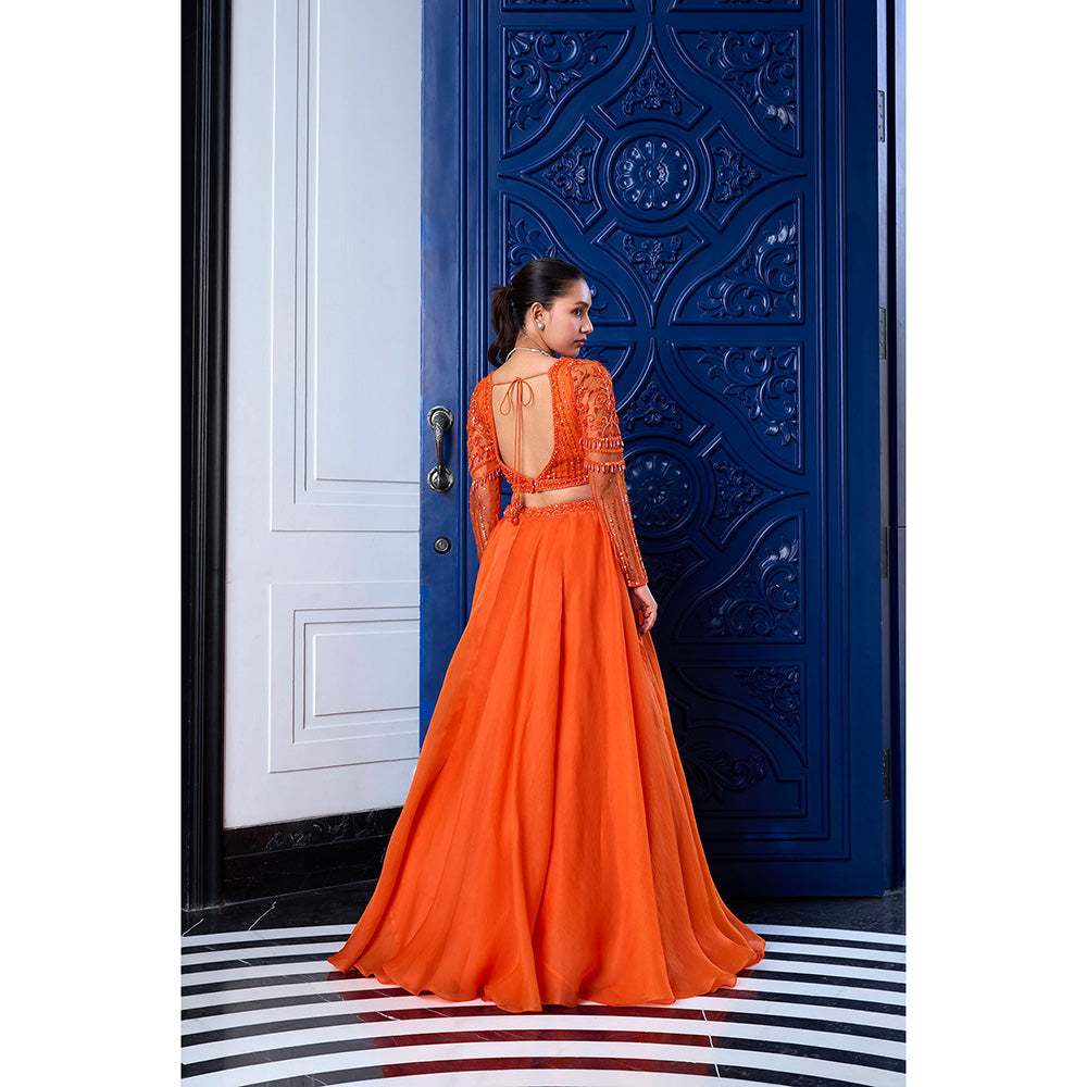 SANYA GULATI Orange Tonal Stitched Blouse & Organza Lehenga with Dupatta (Set of 3)