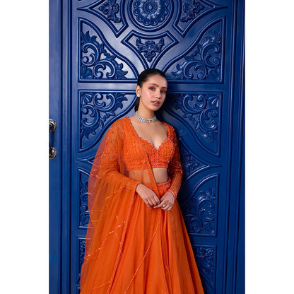 SANYA GULATI Orange Tonal Stitched Blouse & Organza Lehenga with Dupatta (Set of 3)