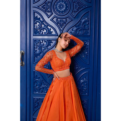 SANYA GULATI Orange Tonal Stitched Blouse & Organza Lehenga with Dupatta (Set of 3)