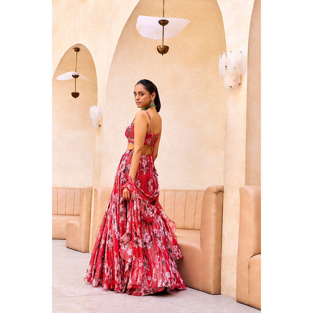 SANYA GULATI Pink Floral Print Stitched Blouse & Lehenga with Dupatta (Set of 3)