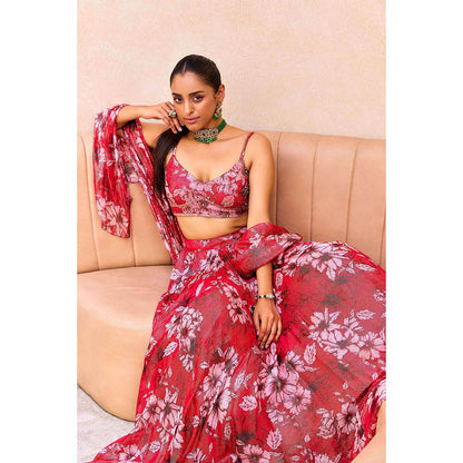 SANYA GULATI Pink Floral Print Stitched Blouse & Lehenga with Dupatta (Set of 3)