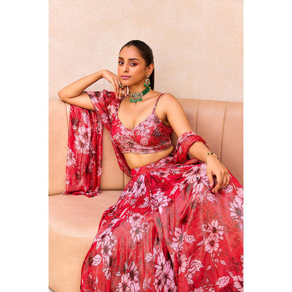 SANYA GULATI Pink Floral Print Stitched Blouse & Lehenga with Dupatta (Set of 3)